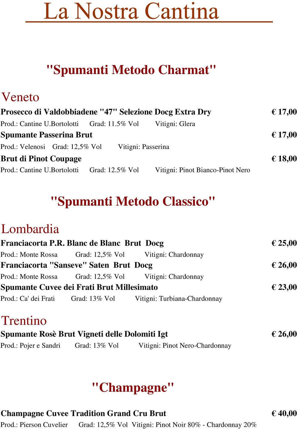 5% Vol Vitigni: Pinot Bianco-Pinot Nero "Spumanti Metodo Classico" Lombardia Franciacorta P.R. Blanc de Blanc Brut Docg 25,00 Prod.