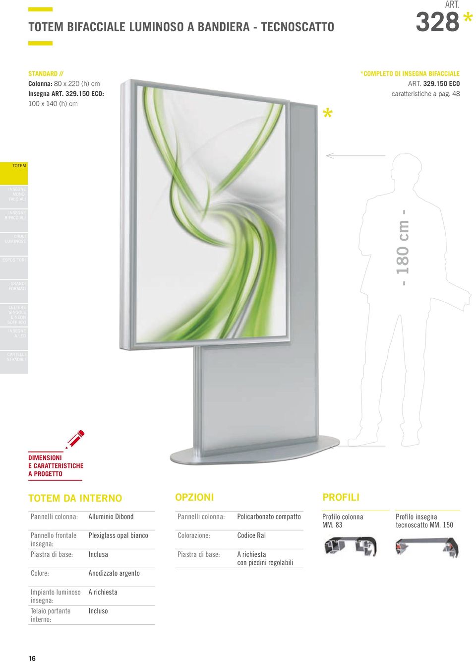 48 BI - 180 cm - DA INTERNO PROFILI Pannelli colonna: Pannello frontale insegna: Piastra di base: Alluminio Dibond Plexiglass opal