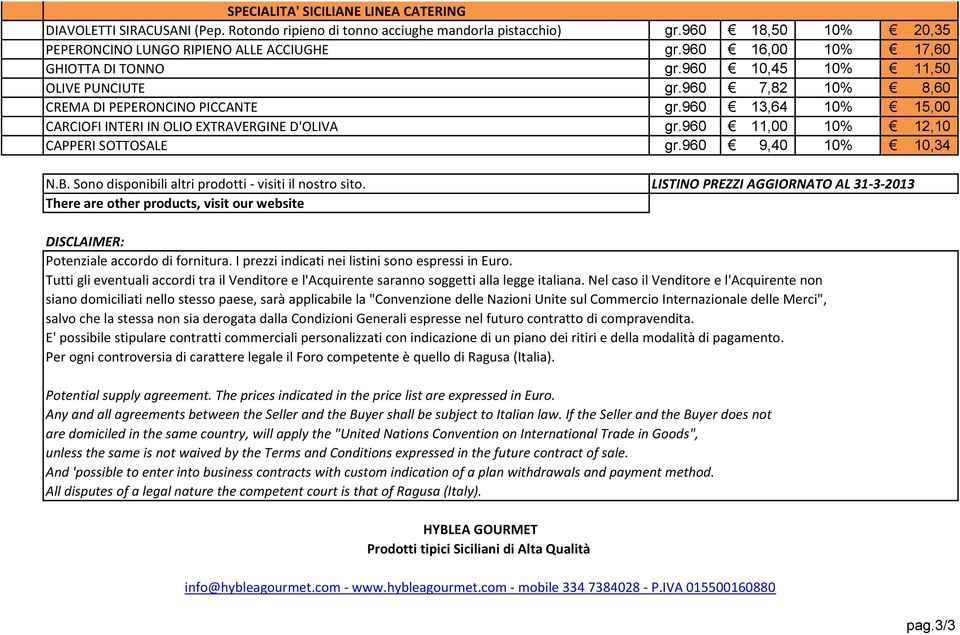 960 11,00 10% 12,10 CAPPERI SOTTOSALE gr.960 9,40 10% 10,34 N.B. Sono disponibili altri prodotti - visiti il nostro sito.