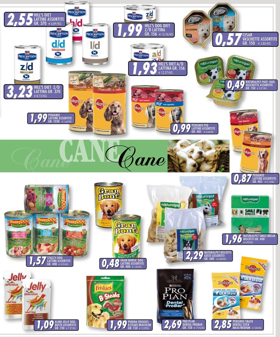 405 e 2,44/kg Cane canecane 0,87 PEDIGREE GR. 405 e 2,15/kg 1,57 STUZZY DOG GR. 400 e 3,93/kg 0,48 GRAN BONTA DOG GR. 400 e 1,20/kg 2,29 NATURALPET BISCotti GR.