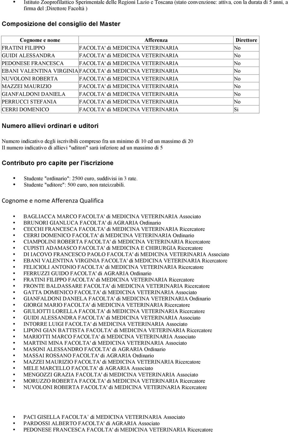 VALENTINA VIRGINIA FACOLTA' di MEDICINA VETERINARIA No NUVOLONI ROBERTA FACOLTA' di MEDICINA VETERINARIA No MAZZEI MAURIZIO FACOLTA' di MEDICINA VETERINARIA No GIANFALDONI DANIELA FACOLTA' di