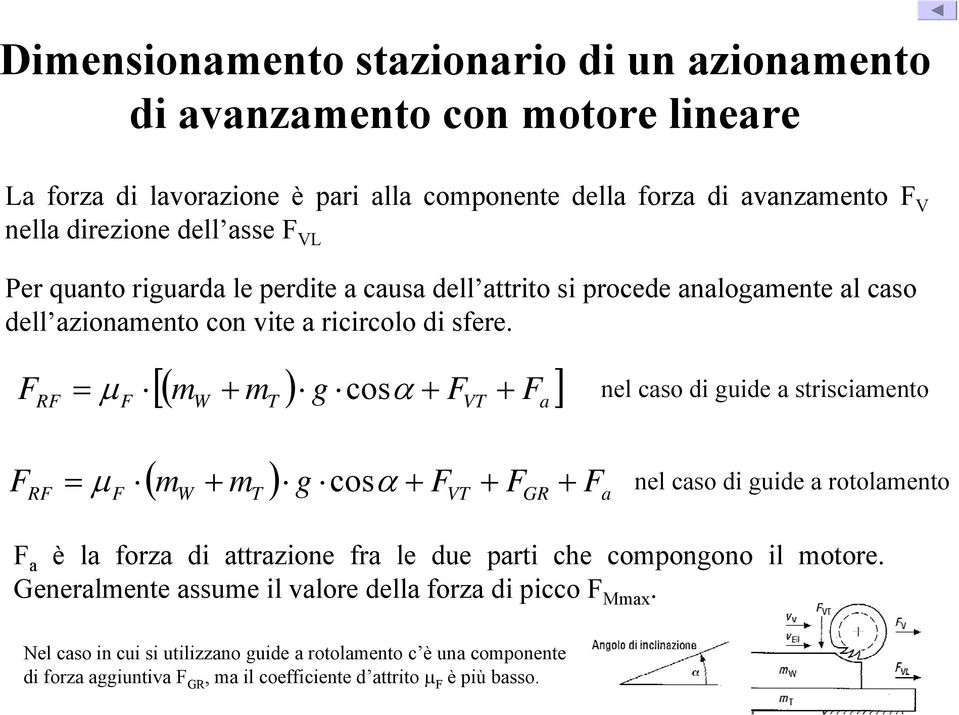 RF F [( m + m ) g cos + F F ] F = μ α + W T VT a nel caso di guide a strisciamento RF F ( mw + mt ) g cos + FVT + FGR Fa F = μ α + nel caso di guide a rotolamento F a è la forza di