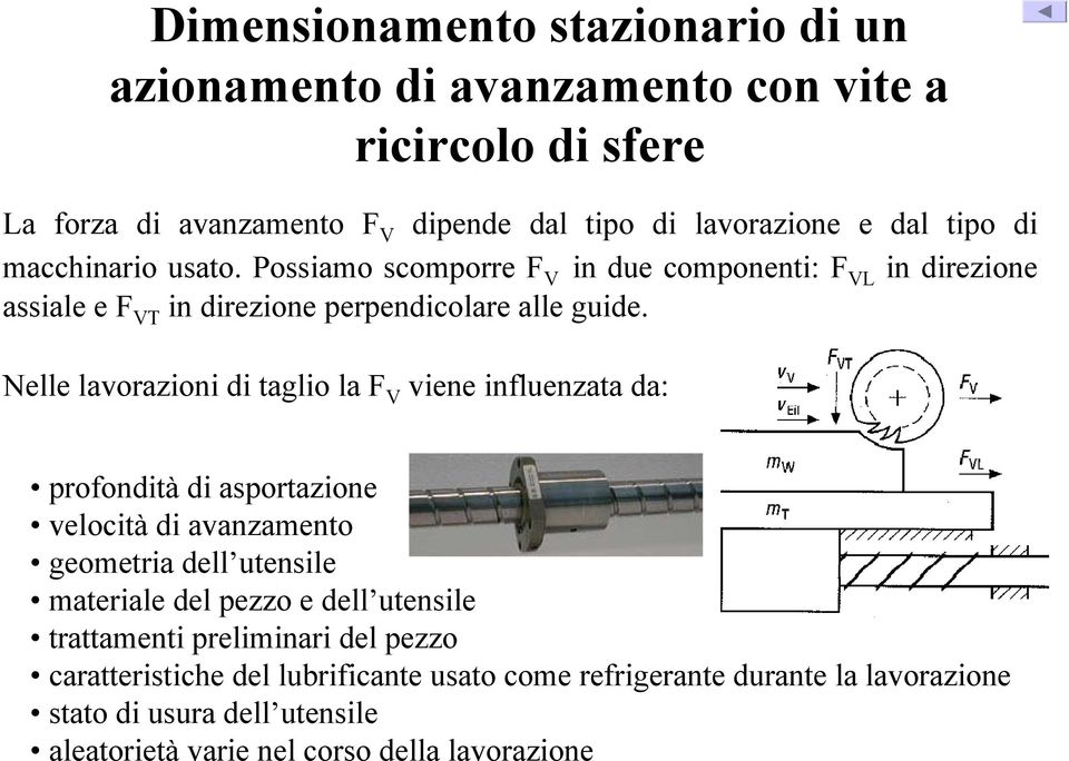 Nelle lavorazioni di taglio la F V viene influenzata da: profondità di asportazione velocità di avanzamento geometria dell utensile materiale del pezzo e dell