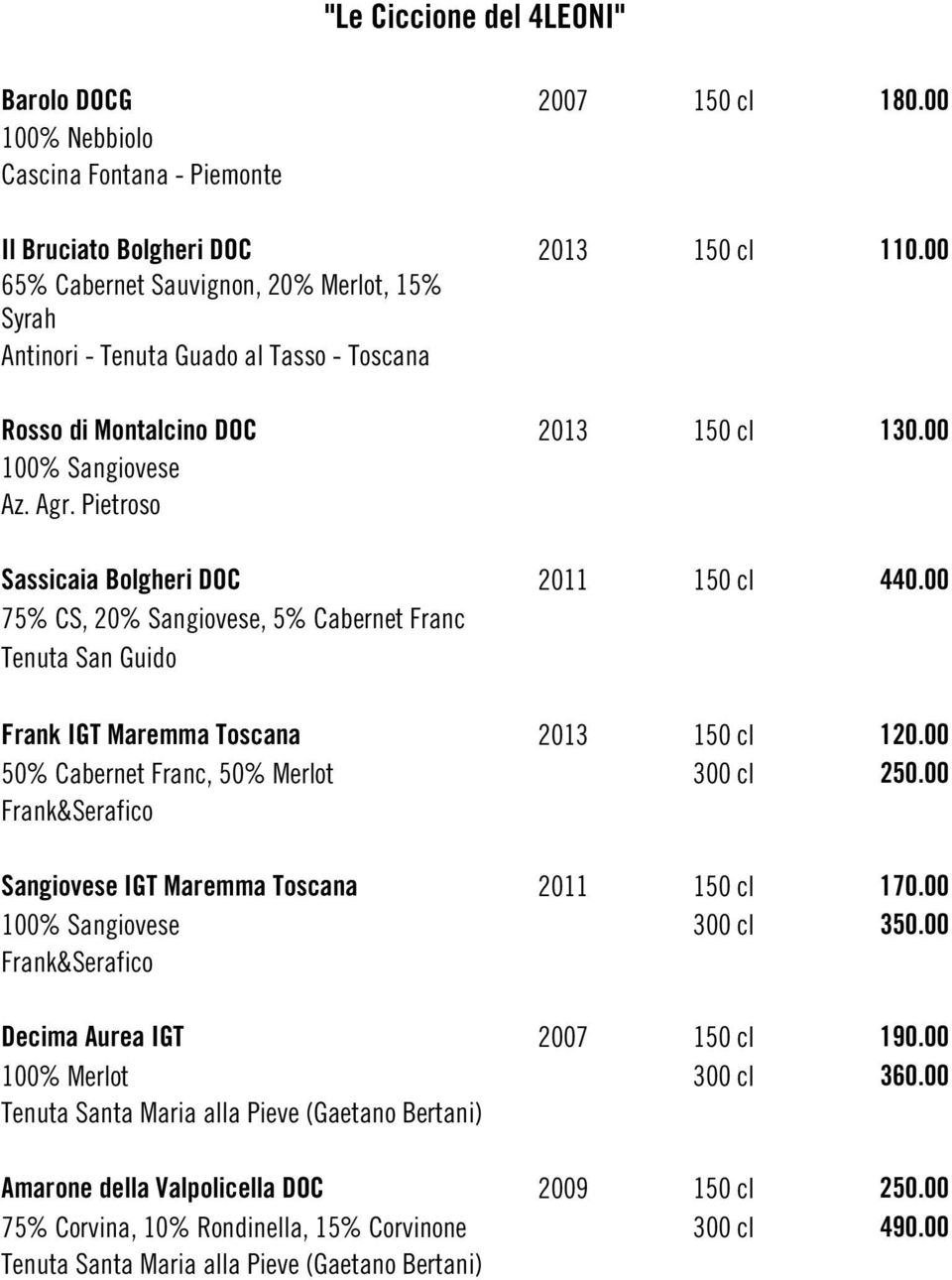 00 75% CS, 20% Sangiovese, 5% Cabernet Franc Tenuta San Guido Frank IGT Maremma Toscana 2013 150 cl 120.00 50% Cabernet Franc, 50% Merlot 300 cl 250.