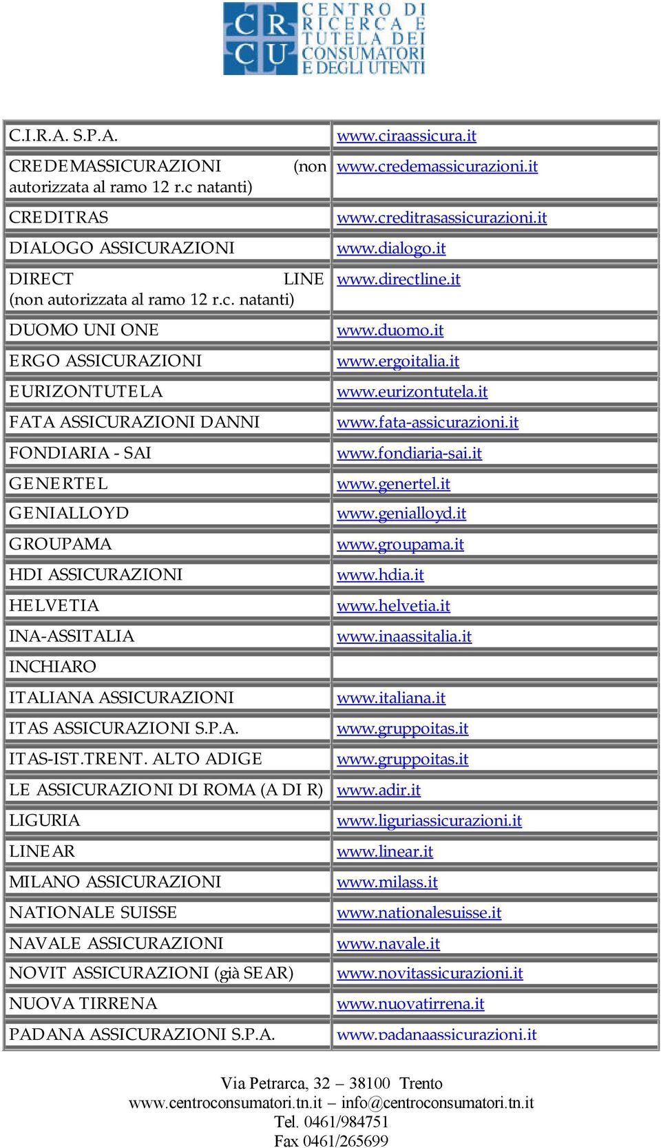 it FATA ASSICURAZIONI DANNI www.fata-assicurazioni.it FONDIARIA - SAI www.fondiaria-sai.it GENERTEL www.genertel.it GENIALLOYD www.genialloyd.it GROUPAMA www.groupama.it HDI ASSICURAZIONI www.hdia.