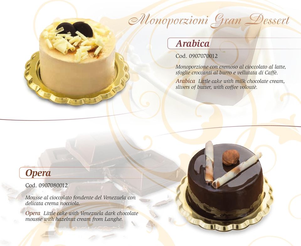 Caffè. Arabica Little cake with milk chocolate cream, slivers of butter, with coffee voloutè. Opera Cod.