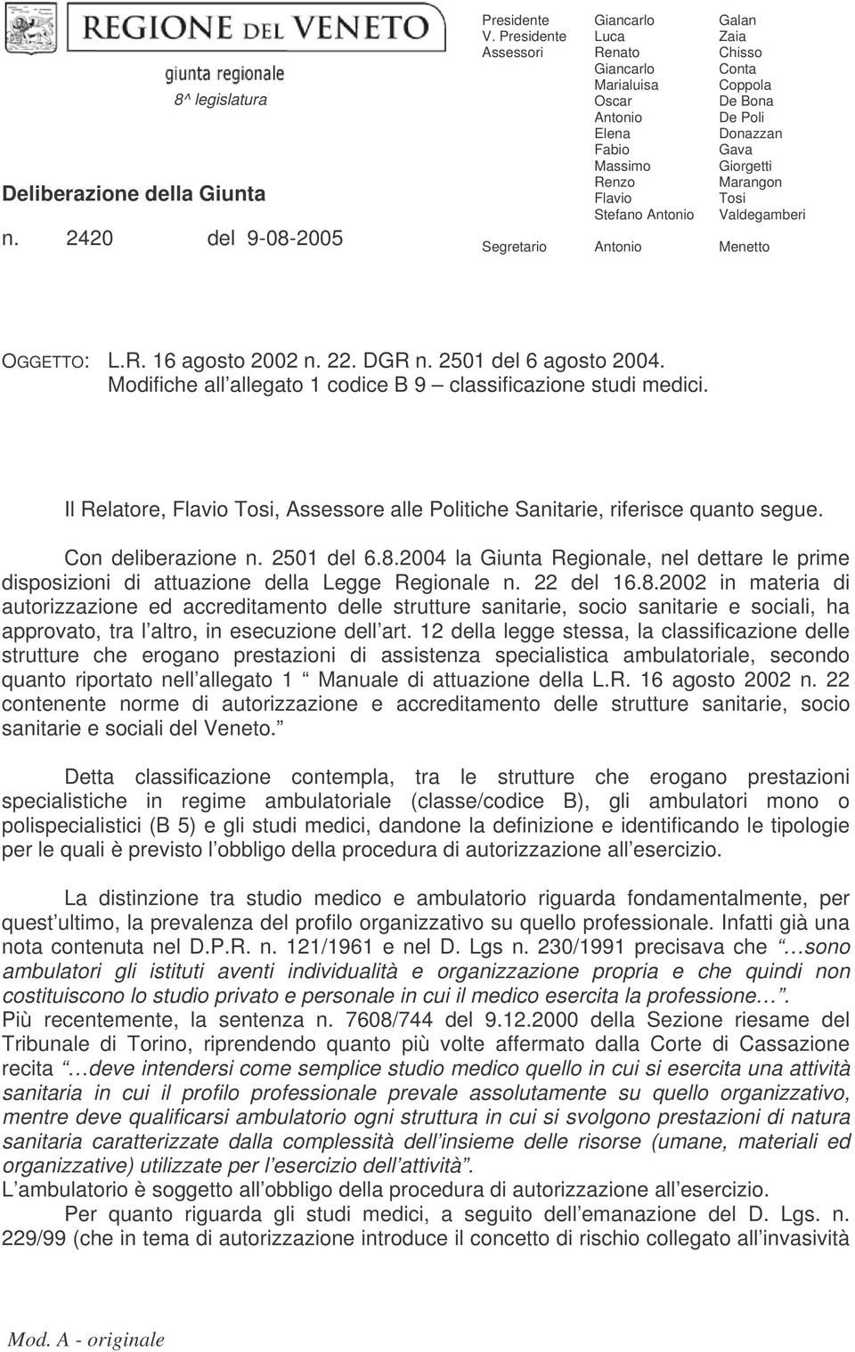 Donazzan Gava Giorgetti Marangon Tosi Valdegamberi Menetto OGGETTO: L.R. 16 agosto 2002 n. 22. DGR n. 2501 del 6 agosto 2004. Modifiche all allegato 1 codice B 9 classificazione studi medici.