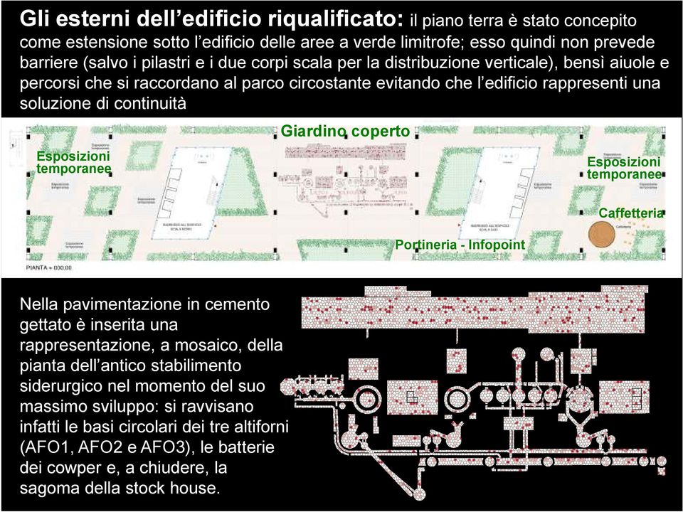 Esposizioni temporanee Esposizioni temporanee Caffetteria Portineria - Infopoint Nella pavimentazione in cemento gettato è inserita una rappresentazione, a mosaico, della pianta dell antico