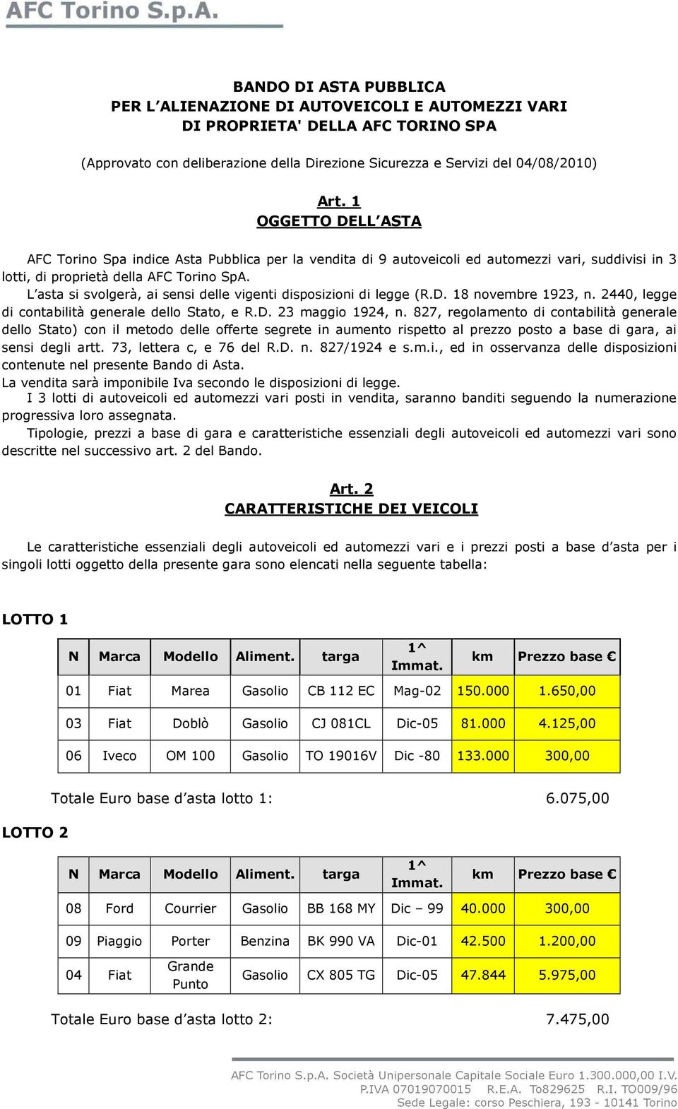 L asta si svolgerà, ai sensi delle vigenti disposizioni di legge (R.D. 18 novembre 1923, n. 2440, legge di contabilità generale dello Stato, e R.D. 23 maggio 1924, n.