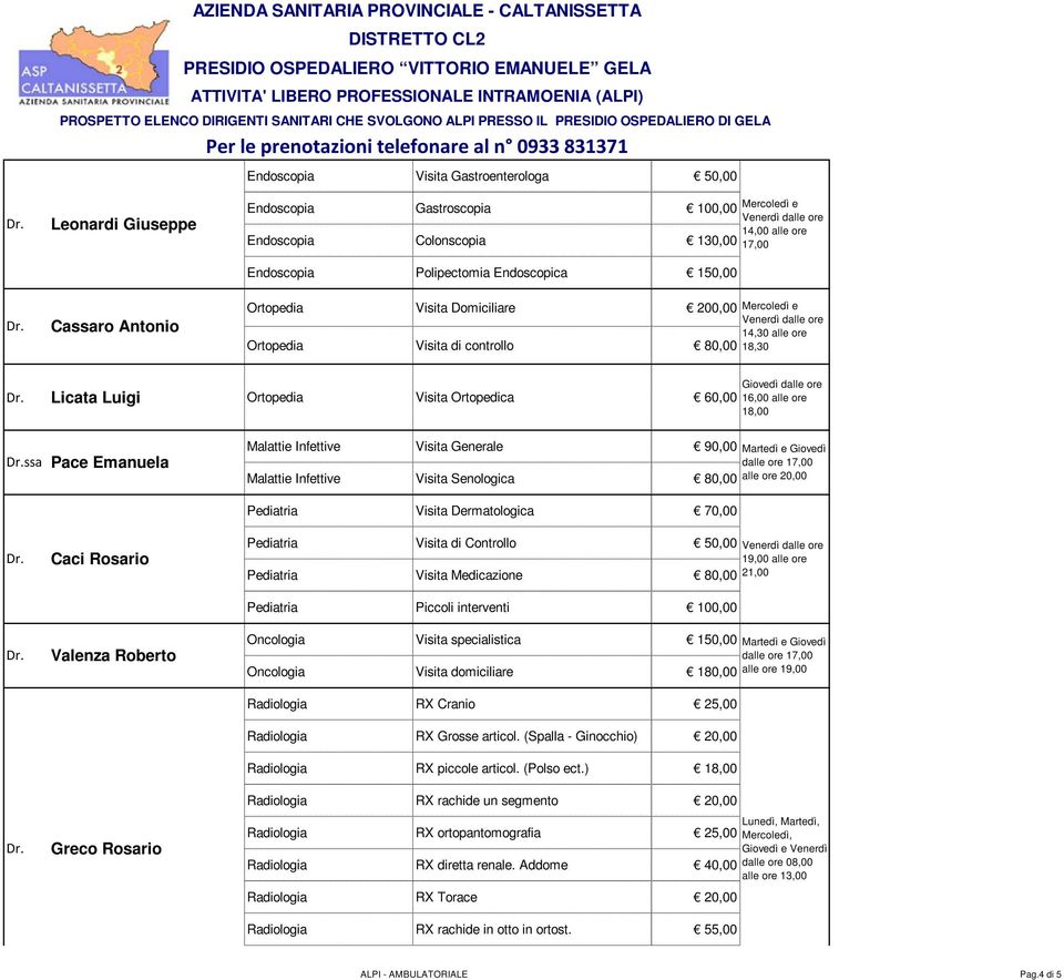 Roberto Greco Rosario Malattie Infettive Visita Generale 90,00 Malattie Infettive Visita Senologica 80,00 Pediatria Visita Dermatologica 70,00 Pediatria Visita di Controllo 50,00 Pediatria Visita