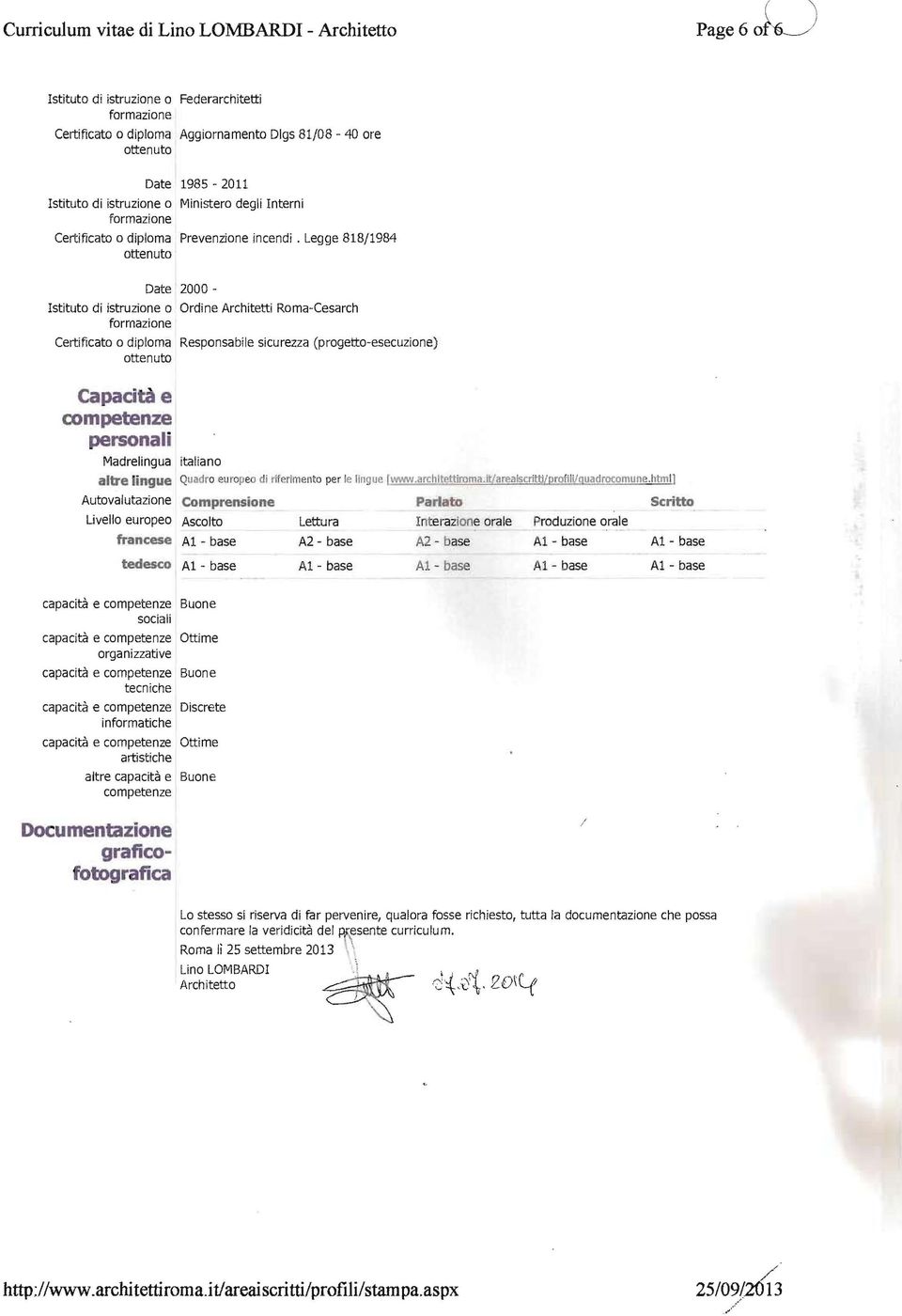 Legge 818/1984 ottenuto Date 2000 Istituto di istruzione o Ordine Architetti Roma-Cesarch Certificato o diploma Responsabile sicurezza (progetto-esecuzione) ottenuto Capacità e competenze personali