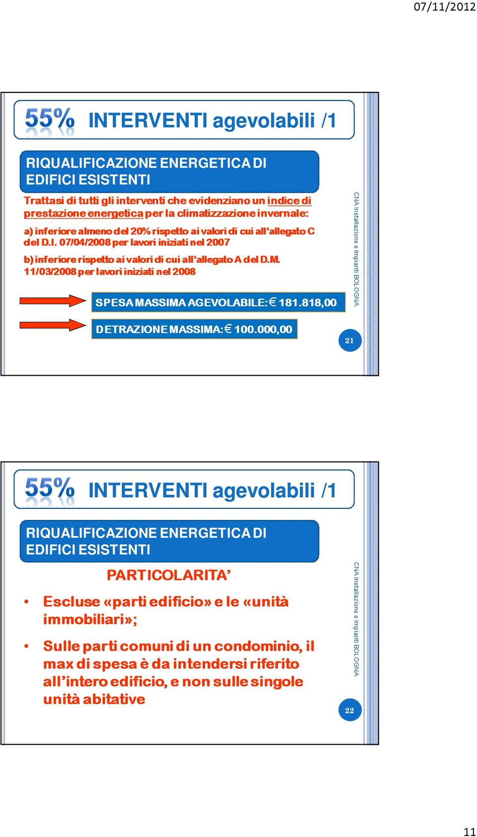 11/03/2008 per lavori iniziati nel 2008 SPESA MASSIMA AGEVOLABILE: 181.818,00 DETRAZIONE MASSIMA: 100.