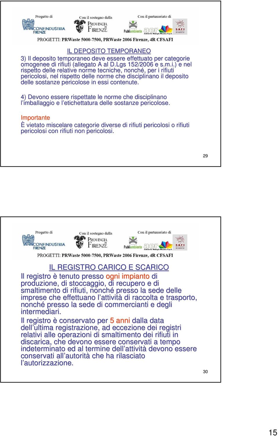 ) e nel rispetto delle relative norme tecniche, nonché,, per i rifiuti pericolosi, nel rispetto delle norme che disciplinano il deposito delle sostanze pericolose in essi contenute.