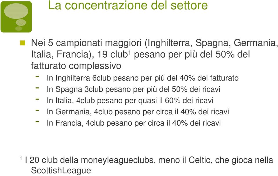50% dei ricavi - In Italia, 4club pesano per quasi il 60% dei ricavi - In Germania, 4club pesano per circa il 40% dei ricavi - In
