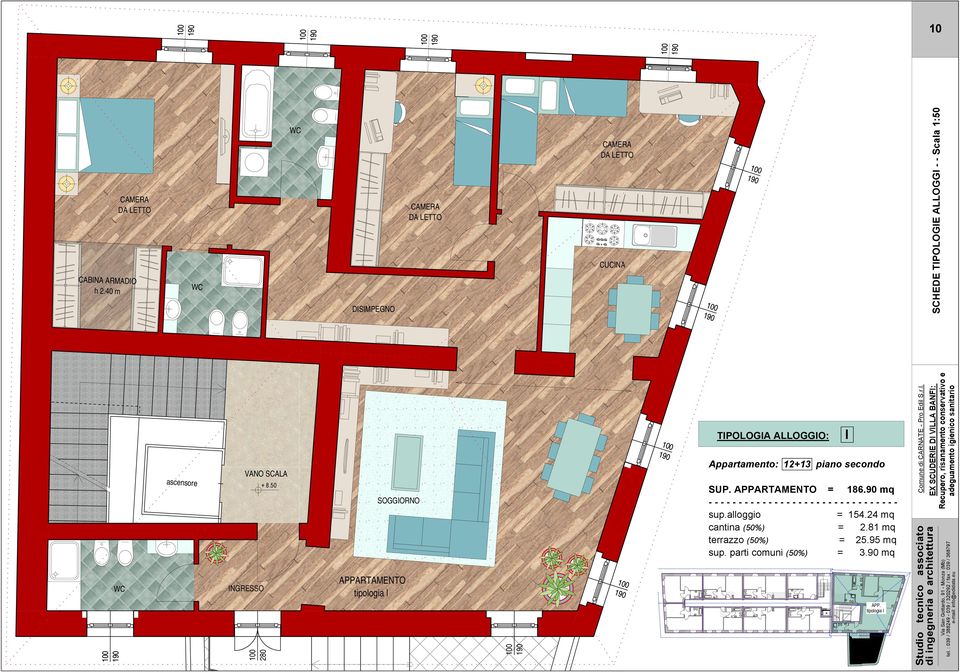 50 tipologia l Appartamento: 12+13 piano secondo SUP. = 186.