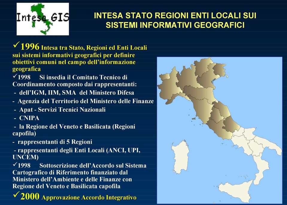 Finanze - Apat - Servizi Tecnici Nazionali - CNIPA - la Regione del Veneto e Basilicata (Regioni capofila) - rappresentanti di 5 Regioni - rappresentanti degli Enti Locali (ANCI, UPI, UNCEM) 1998