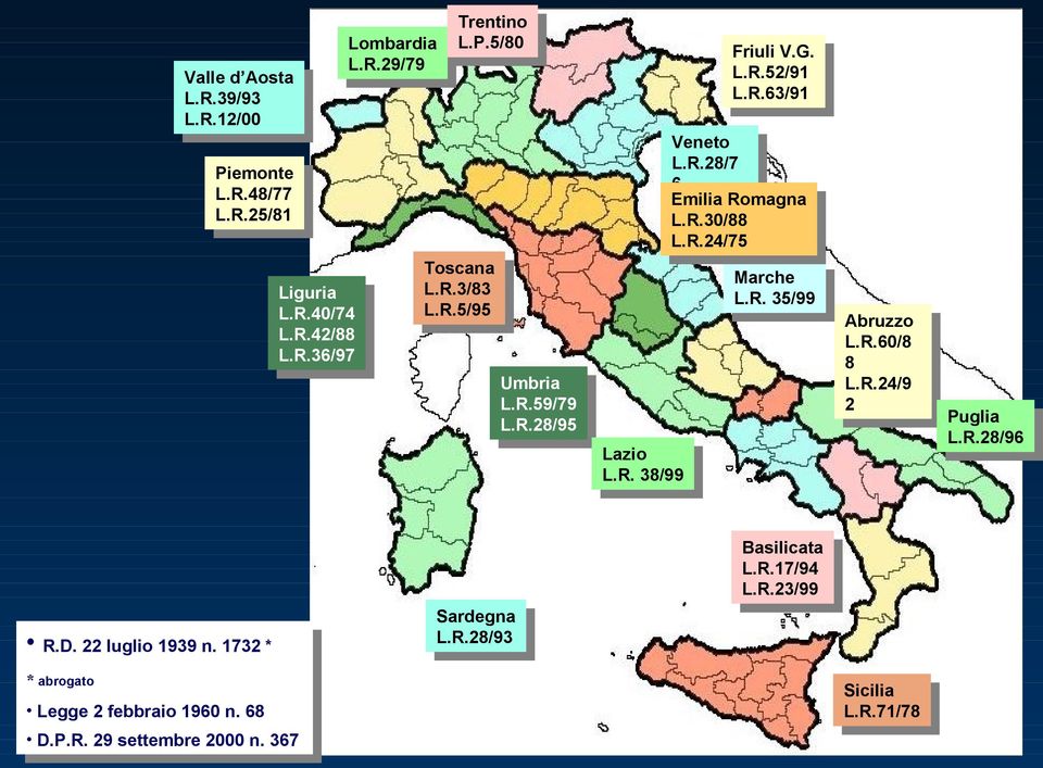 R.60/8 8 L.R.24/9 2 Umbria L.R.59/79 L.R.28/95 Lazio L.R. 38/99 Basilicata L.R.17/94 L.R.23/99 R.D. 22 luglio 1939 n.