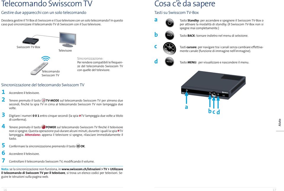 Telecomando Swisscom TV Televisore Sincronizzazione: Per rendere compatibili le frequenze del telecomando Swisscom TV con quelle del televisore.