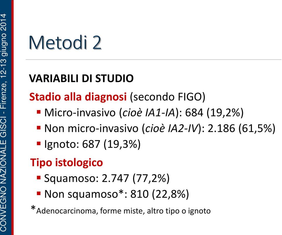 186 (61,5%) Ignoto: 687 (19,3%) Tipo istologico Squamoso: 2.