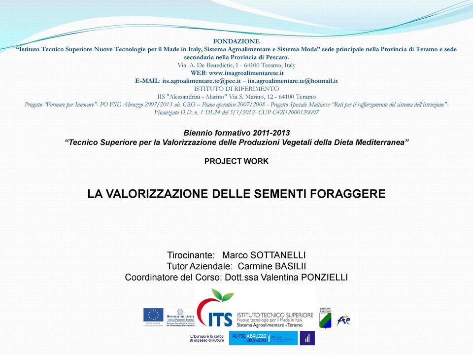 it ISTITUTO DI RIFERIMENTO IIS "Alessandrini - Marino" Via S. Marino, 12-64100 Teramo Progetto Formare per Innovare - PO FSE Abruzzo 2007/2013 ob.