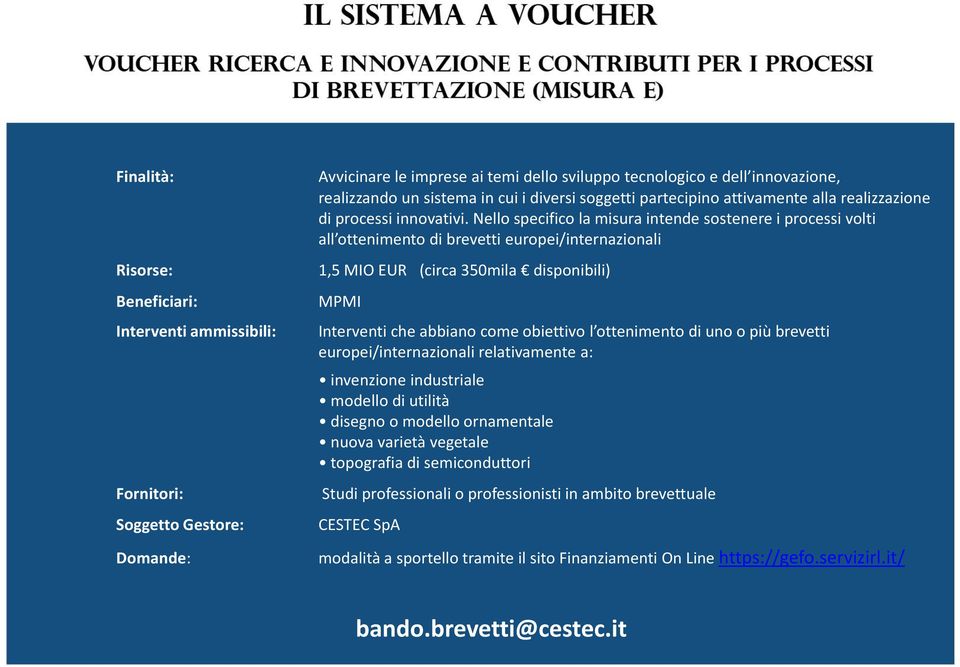 Nello specifico la misura intende sostenere i processi volti all ottenimento di brevetti europei/internazionali Risorse: Interventi ammissibili: Fornitori: 1,5 MIO EUR (circa 350mila disponibili)