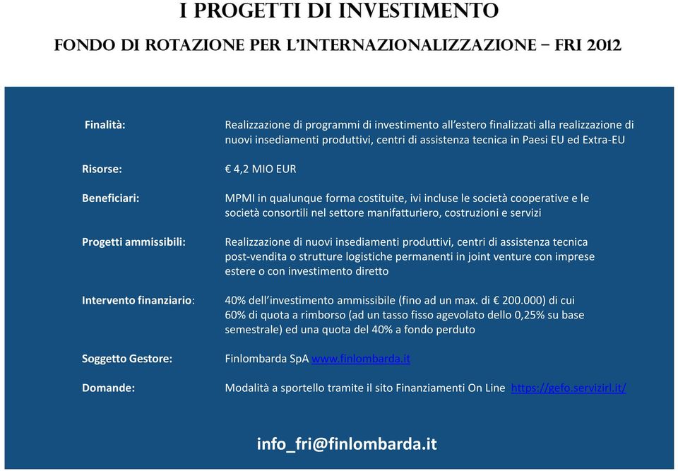 Realizzazione di nuovi insediamenti produttivi, centri di assistenza tecnica post-vendita o strutture logistiche permanenti in joint venture con imprese estere o con investimento diretto 40% dell