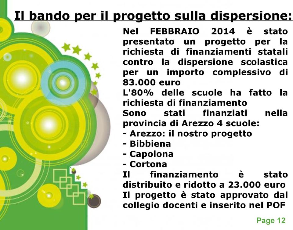 000 euro L'80% delle scuole ha fatto la richiesta di finanziamento Sono stati finanziati nella provincia di Arezzo 4 scuole: -