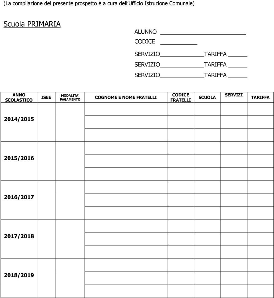 SERVIZIO TARIFFA ANNO SCOLASTICO ISEE MODALITA PAGAMENTO COGNOME E NOME