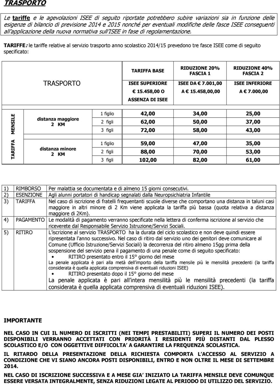 000,00 ASSENZA DI ISEE TARIFFA MENSILE distanza maggiore 2 KM distanza minore 2 KM 1 figlio 42,00 34,00 25,00 2 figli 62,00 50,00 37,00 3 figli 72,00 58,00 43,00 1 figlio 59,00 47,00 35,00 2 figli