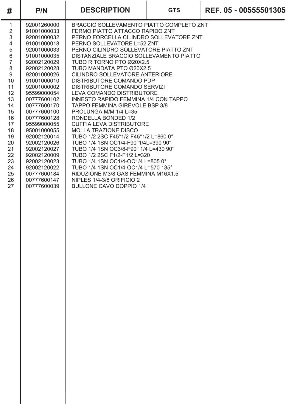 CILINDRO SOLLEVATORE PIATTO ZNT 90000003 DISTANZIALE BRACCIO SOLLEVAMENTO PIATTO 900009 TUBO RITORNO PTO Ø0X. 90000 TUBO MANDATA PTO Ø0X.