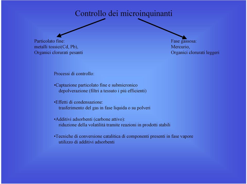 Effetti di condensazione: trasferimento del gas in fase liquida o su polveri Additivi adsorbenti (carbone attivo): riduzione della