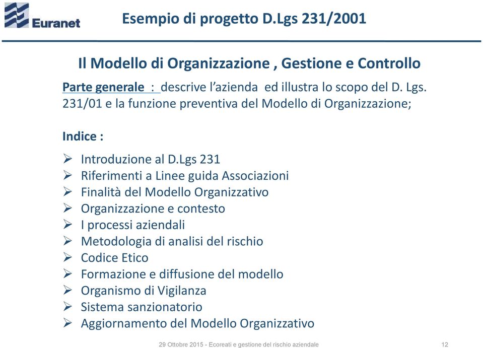 Lgs 231 Riferimenti a Linee guida Associazioni Finalità del Modello Organizzativo Organizzazione e contesto I processi aziendali Metodologia di analisi
