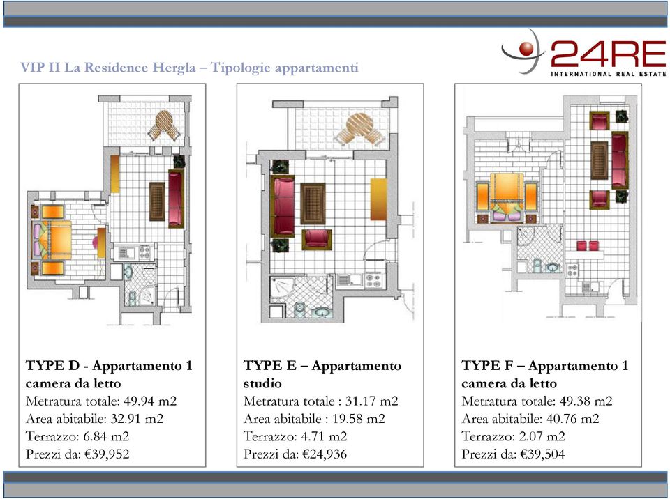84 m2 Prezzi da: 39,952 TYPE E Appartamento studio Metratura totale : 31.17 m2 Area abitabile : 19.
