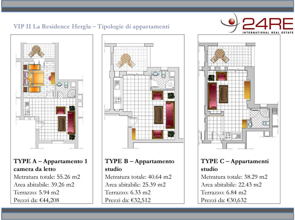 94 m2 Prezzi da: 44,208 TYPE B Appartamento studio Metratura totale: 40.64 m2 Area abitabile: 25.