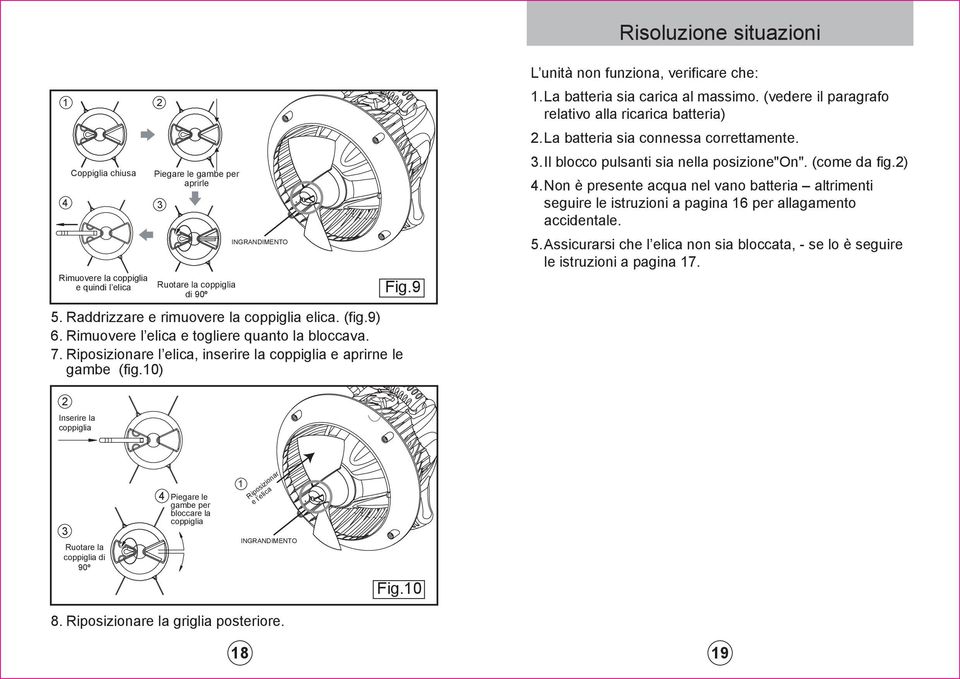 10) L unità non funziona, verificare che: 1. La batteria sia carica al massimo. (vedere il paragrafo relativo alla ricarica batteria) 2. La batteria sia connessa correttamente. 3.