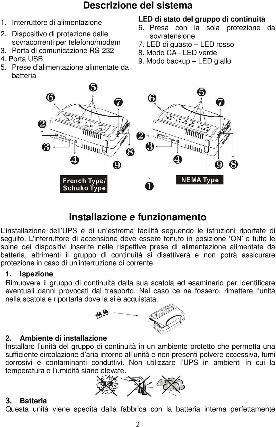 Modo CA LED verde 9. Modo backup LED giallo Installazione e funzionamento L installazione dell UPS è di un estrema facilità seguendo le istruzioni riportate di seguito.