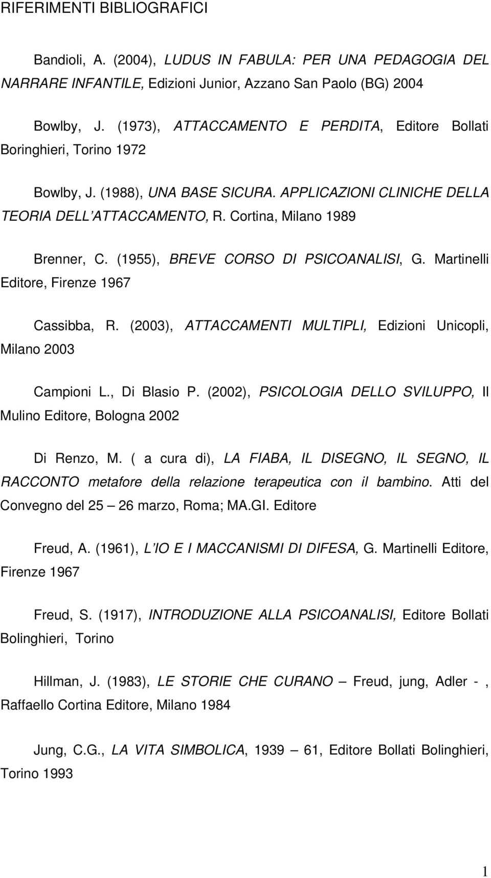 (1955), BREVE CORSO DI PSICOANALISI, G. Martinelli Editore, Firenze 1967 Cassibba, R. (2003), ATTACCAMENTI MULTIPLI, Edizioni Unicopli, Milano 2003 Campioni L., Di Blasio P.