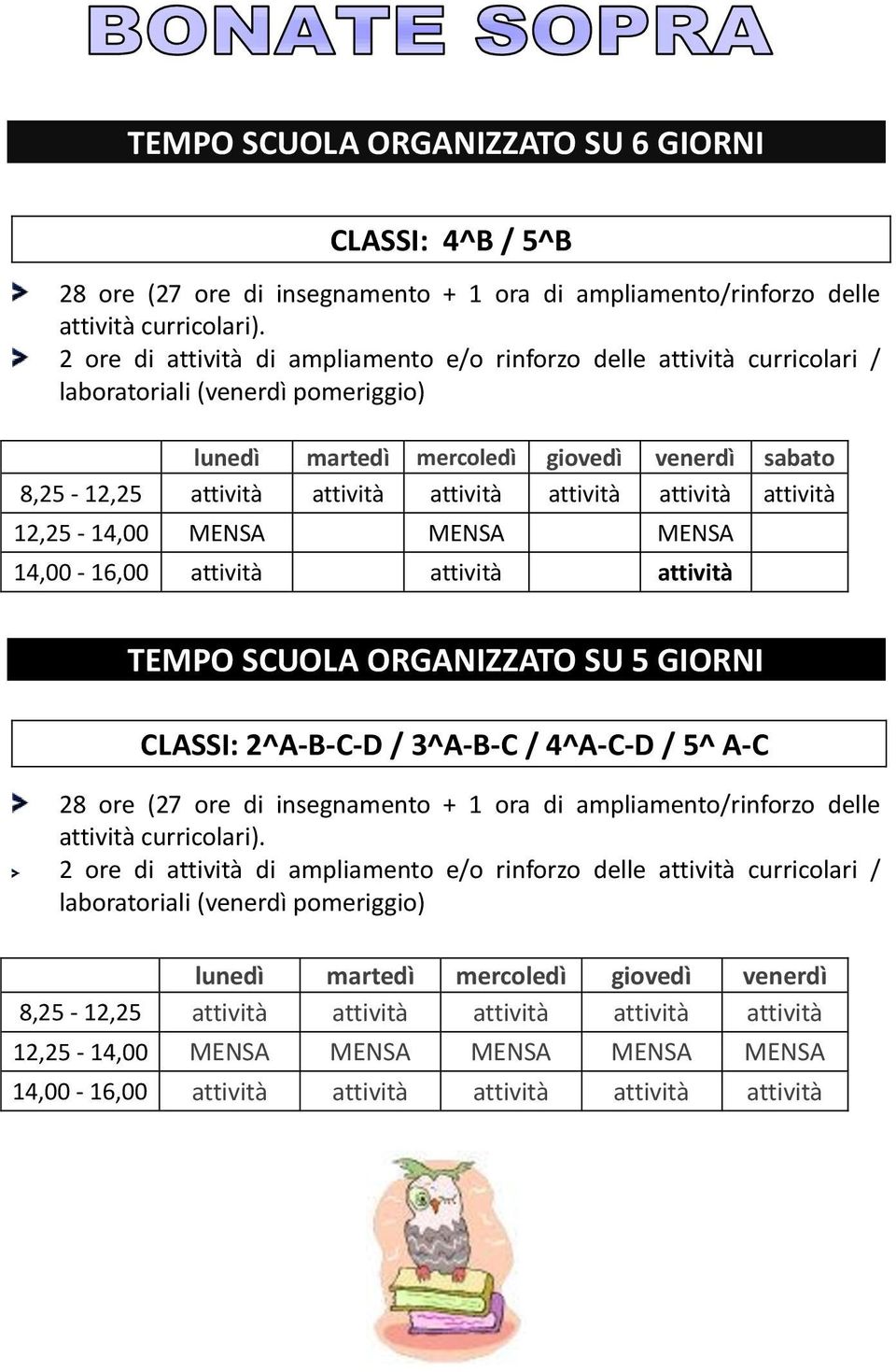 attività attività 12,25-14,00 MENSA MENSA MENSA 14,00-16,00 attività attività attività TEMPO SCUOLA ORGANIZZATO SU 5 GIORNI CLASSI: 2^A-B-C-D / 3^A-B-C / 4^A-C-D / 5^ A-C 28 re (27 re di insegnament