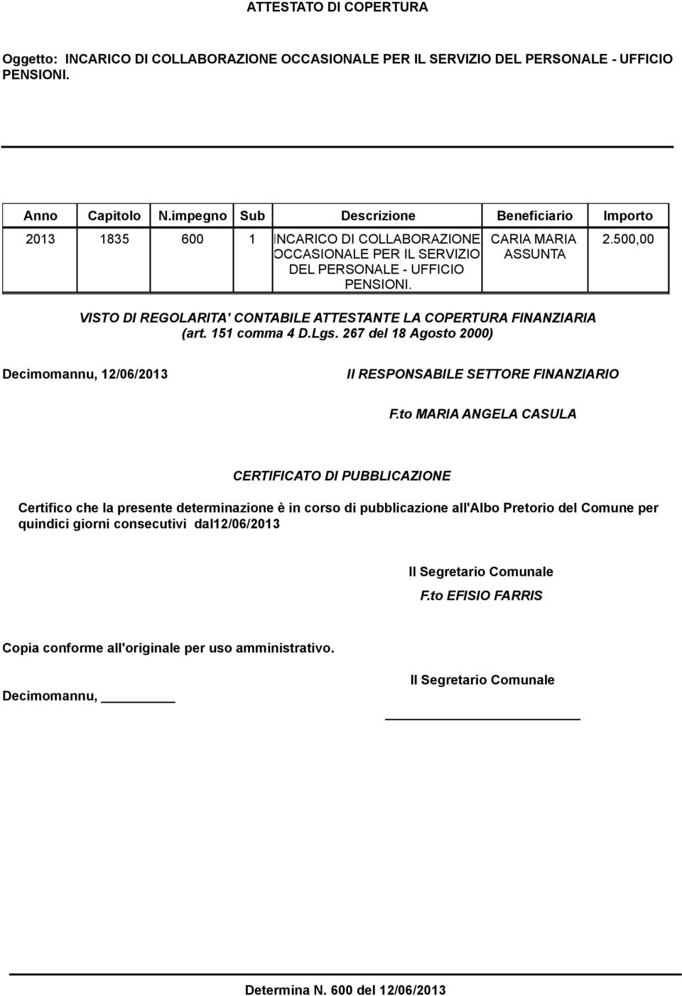 VISTO DI REGOLARITA' CONTABILE ATTESTANTE LA COPERTURA FINANZIARIA (art. 151 comma 4 D.Lgs. 267 del 18 Agosto 2000) Decimomannu, 12/06/2013 Il RESPONSABILE SETTORE FINANZIARIO F.
