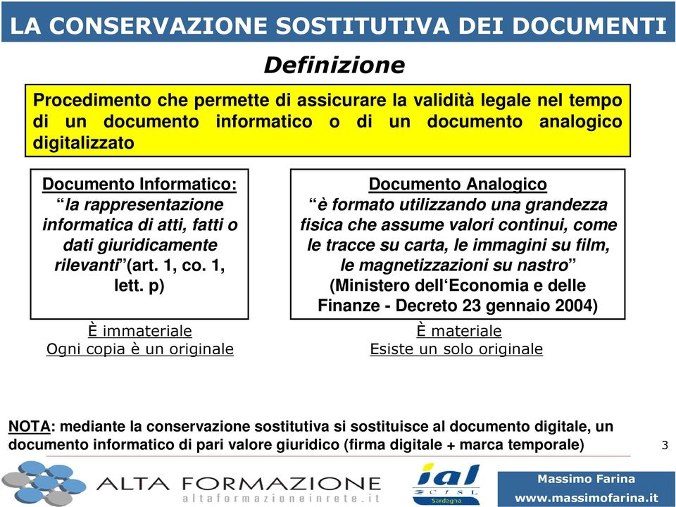 p) È immateriale Ogni copia è un originale Documento Analogico è formato utilizzando una grandezza fisica che assume valori continui, come le tracce su carta, le immagini su film, le magnetizzazioni