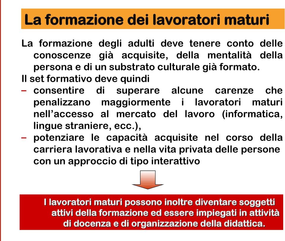 Il set formativo deve quindi consentire di superare alcune carenze che penalizzano maggiormente i lavoratori maturi nell accesso al mercato del lavoro (informatica,