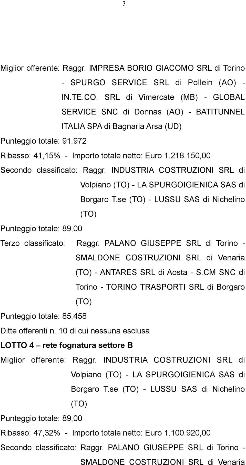 SRL di Vimercate (MB) - GLOBAL SERVICE SNC di Donnas (AO) - BATITUNNEL ITALIA SPA di Bagnaria Arsa (UD) Punteggio totale: 91,972 Ribasso: 41,15% - Importo totale netto: Euro 1.218.