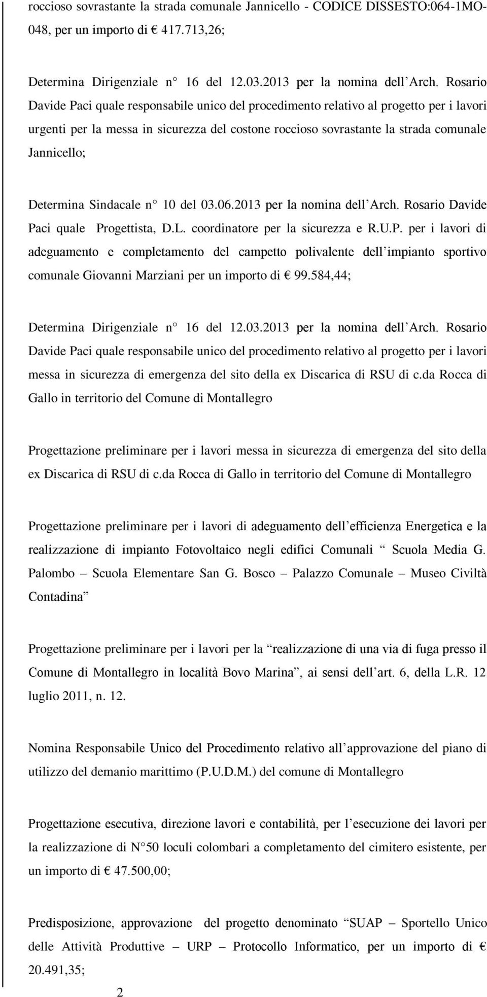 Determina Sindacale n 10 del 03.06.2013 per la nomina dell Arch. Rosario Davide Pa