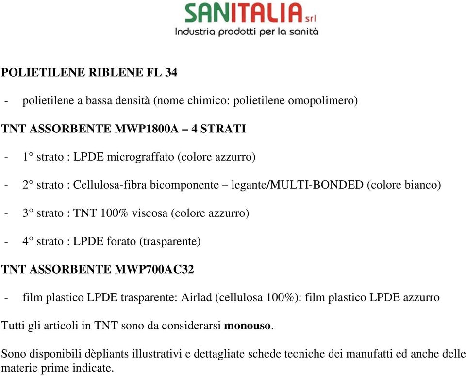 4 strato : LPDE forato (trasparente) TNT ASSORBENTE MWP700AC32 - film plastico LPDE trasparente: Airlad (cellulosa 100%): film plastico LPDE azzurro Tutti gli