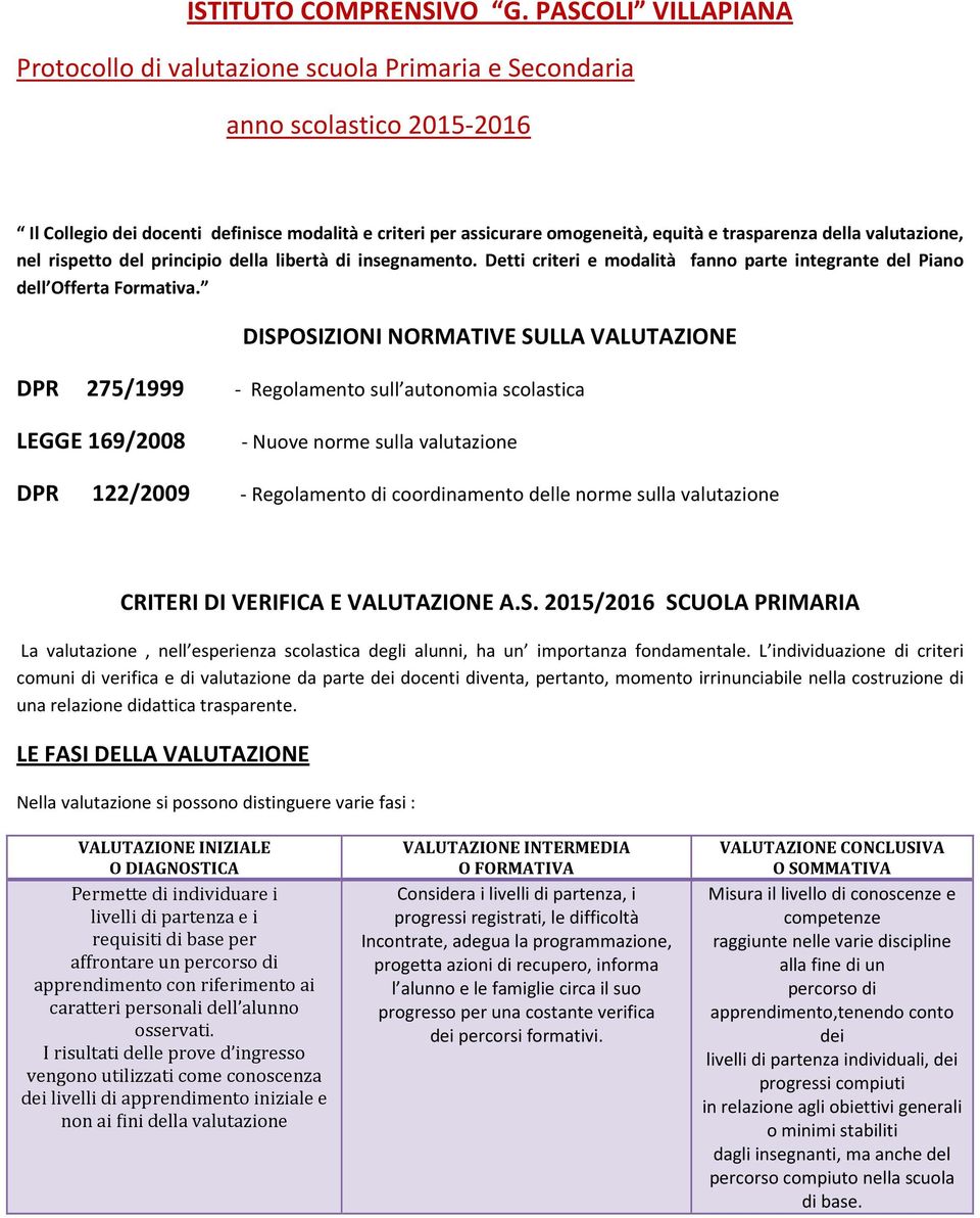 trasparenza della valutazione, nel rispetto del principio della libertà di insegnamento. Detti criteri e modalità fanno parte integrante del Piano dell Offerta Formativa.