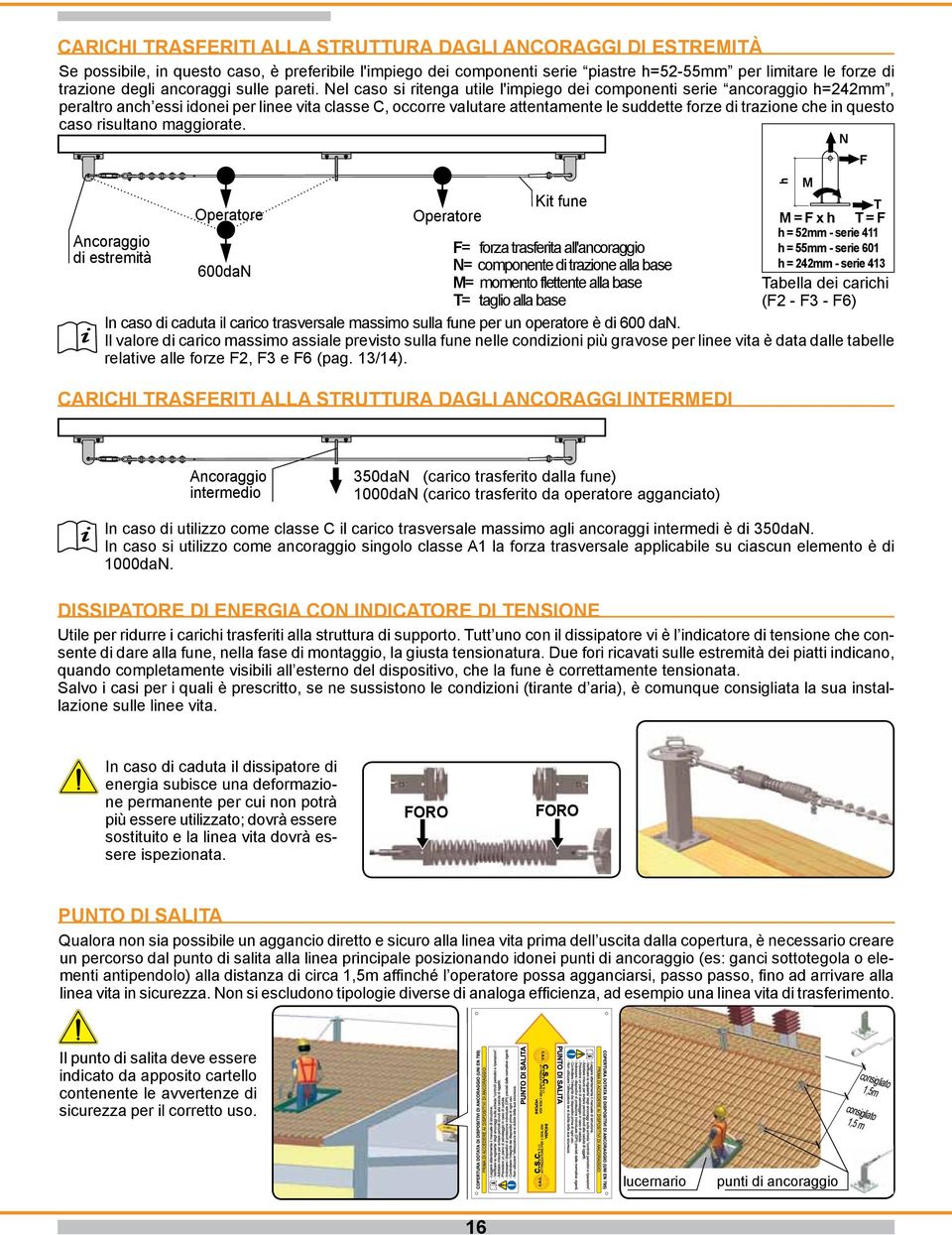 Nel caso si ritenga utile l'impiego dei componenti serie ancoraggio h=242mm, peraltro anch essi idonei per linee vita classe C, occorre valutare attentamente le suddette forze di trazione che in