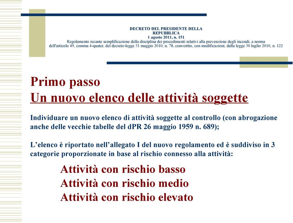 689); L elenco è riportato nell allegato I del nuovo regolamento ed è suddiviso in 3 categorie