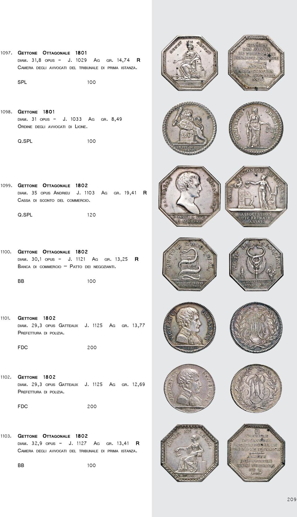 1121 AG GR. 13,25 R BANCA DI COMMERCIO PATTO DEI NEGOZIANTI. 1100. GETTONE BB 100 DIAM. 29,3 OPUS GATTEAUX J. 1125 AG GR. 13,77 PREFETTURA DI POLIZIA. 1101.