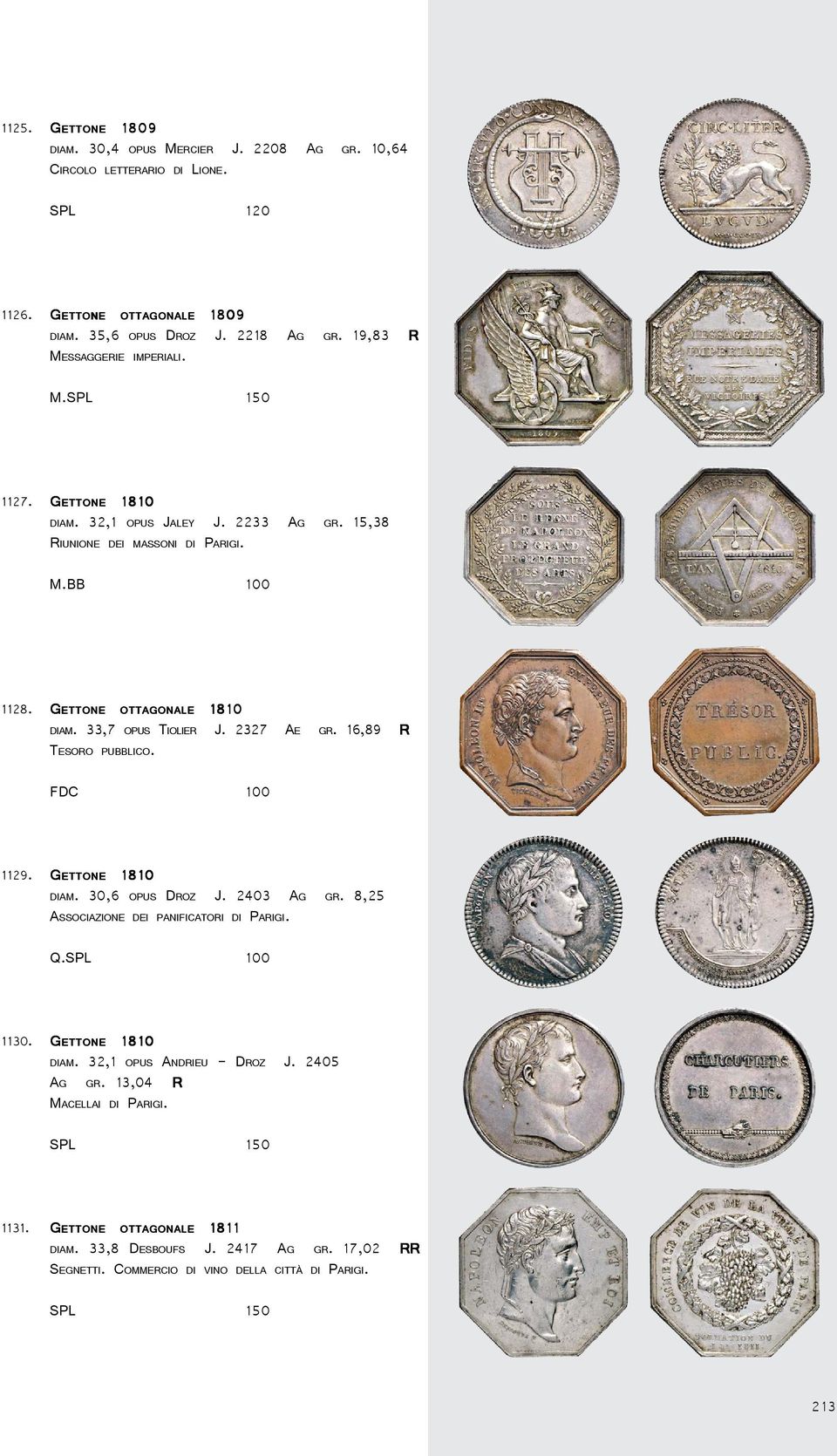 16,89 R TESORO PUBBLICO. 1128. GETTONE FDC 100 DIAM. 30,6 OPUS DROZ J. 2403 AG GR. 8,25 ASSOCIAZIONE DEI PANIFICATORI DI PARIGI. 1129. GETTONE Q. DIAM. 32,1 OPUS ANDRIEU - DROZ J.