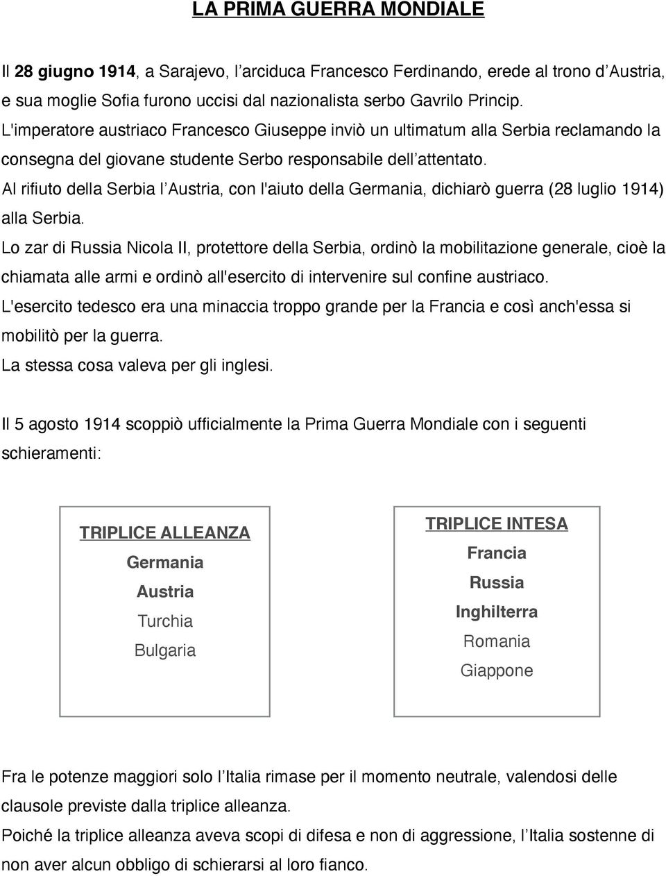 Al rifiuto della Serbia l Austria, con l'aiuto della Germania, dichiarò guerra (28 luglio 1914) alla Serbia.